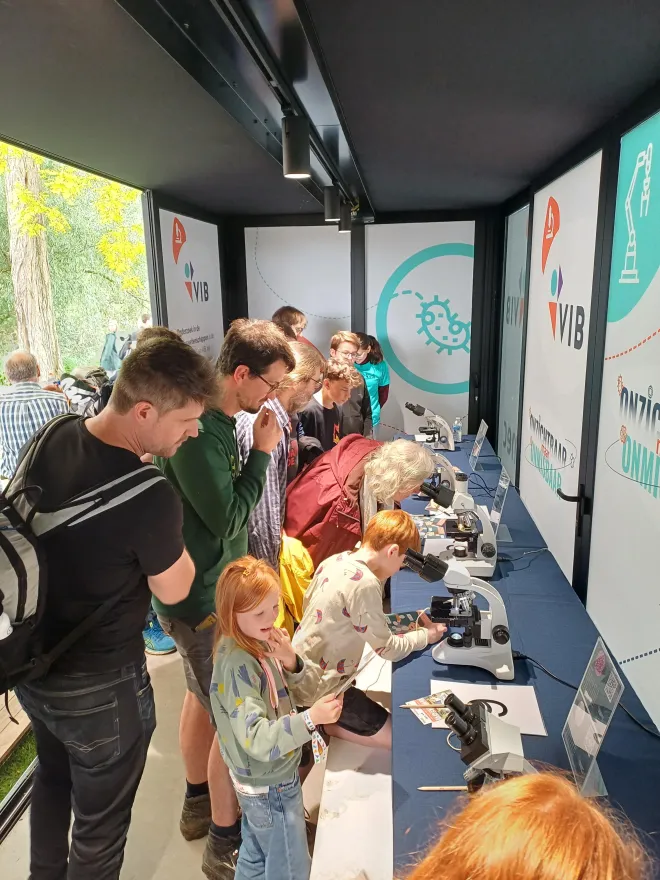 Kids looking through microscopes
